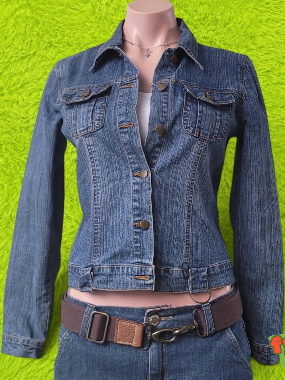 Miss Dazzle Vintage Pinstripe Cropped Slim Denim Jacket (L)